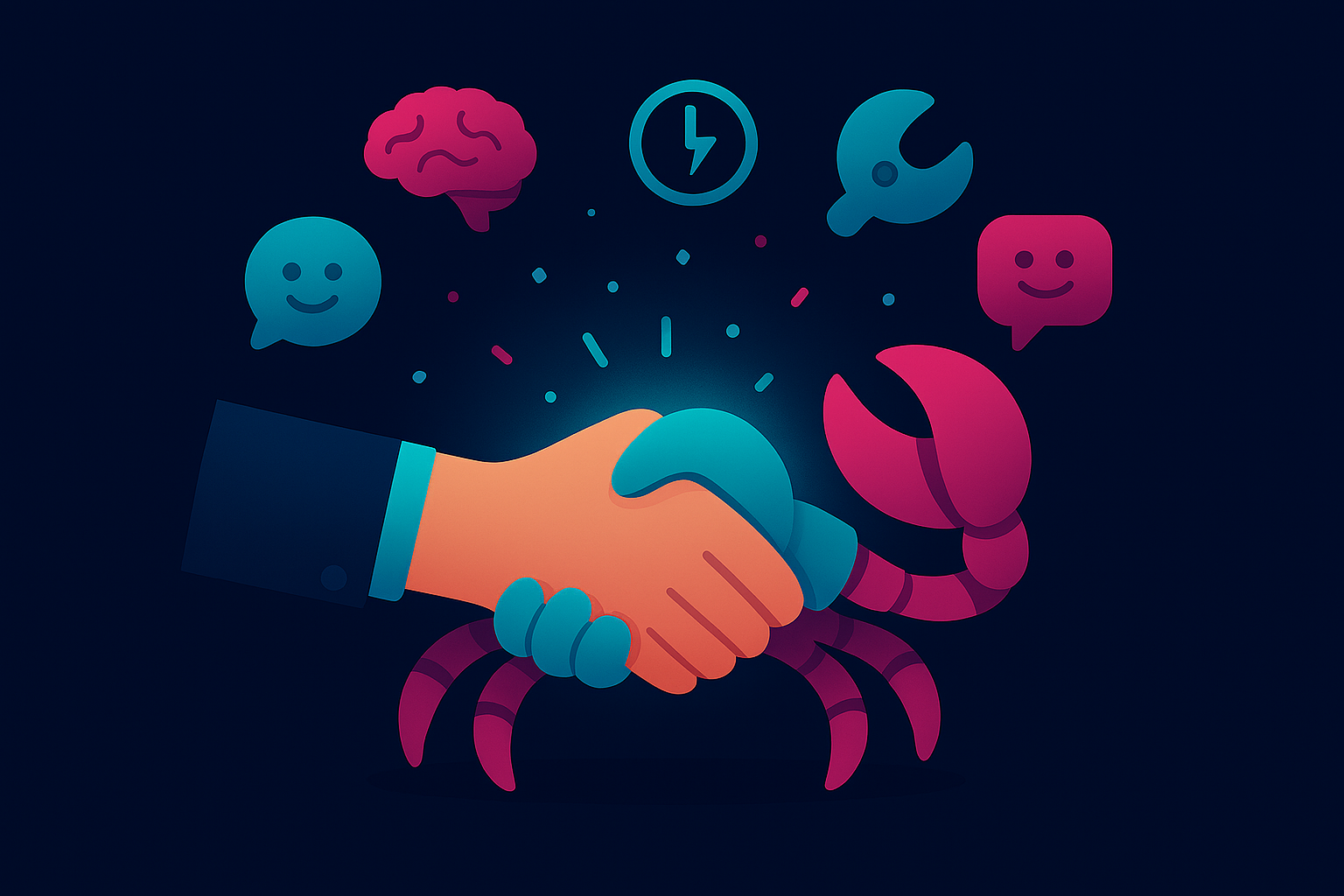 A stylized digital illustration of a lobster claw forming a handshake with a human hand